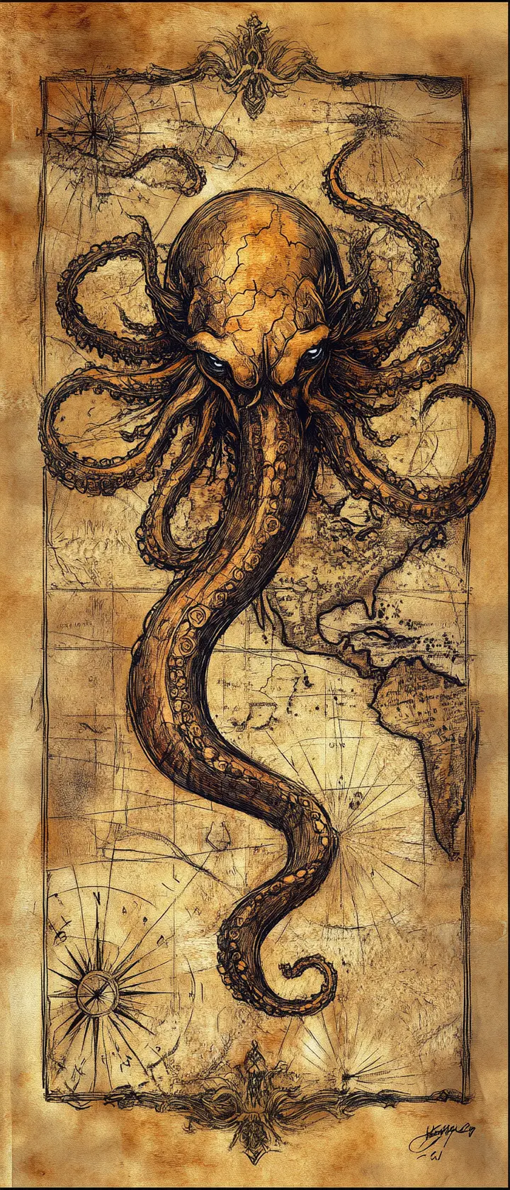 A kraken rises from an antique map amid crackling otherworldly energy