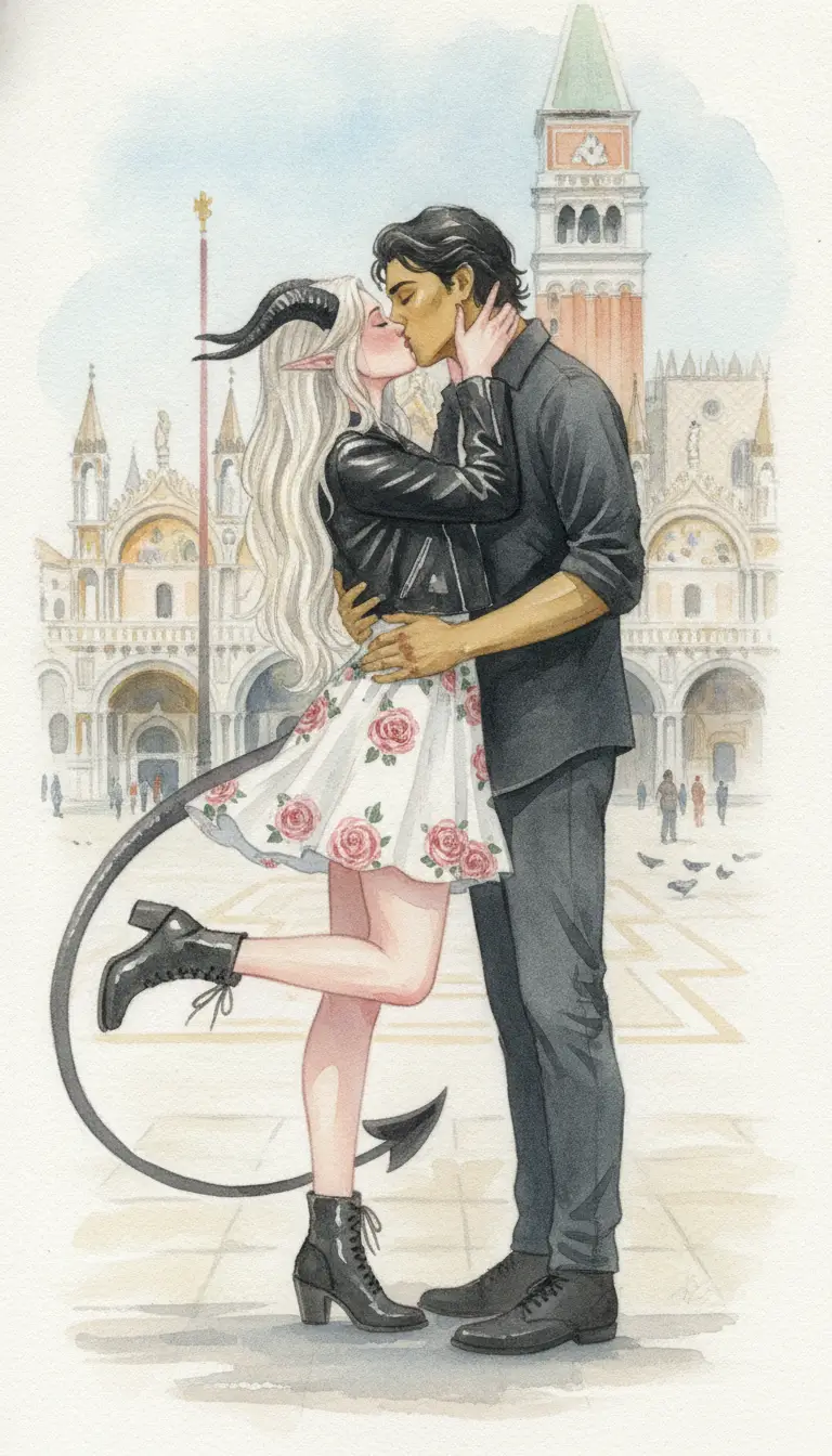 A tiefling woman kisses her partner in Venice’s Piazza San Marco