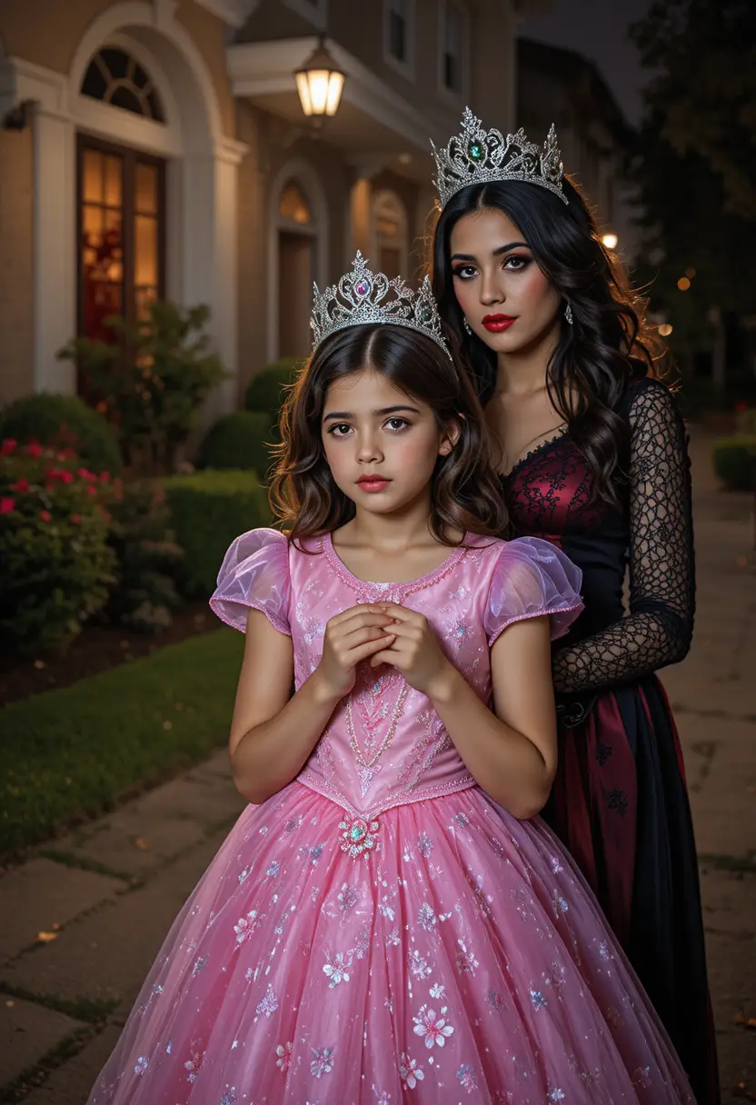 Um menino nervoso vestido de princesa vai pedir doces no Halloween