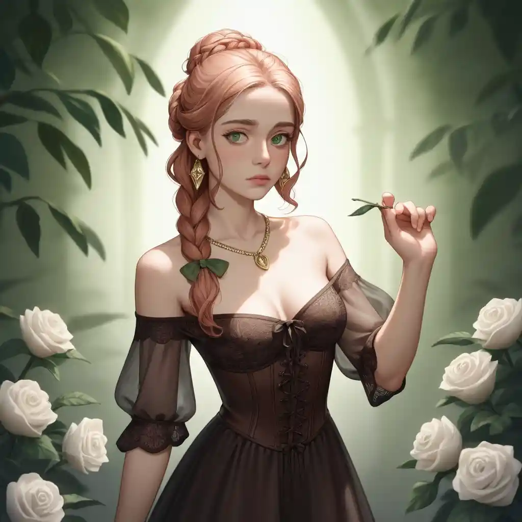 Une jeune femme aux cheveux tressés parmi des roses blanches