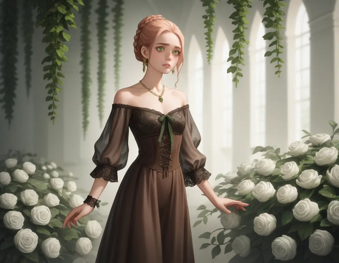 A young girl stands among white roses in a flowing ivory dress