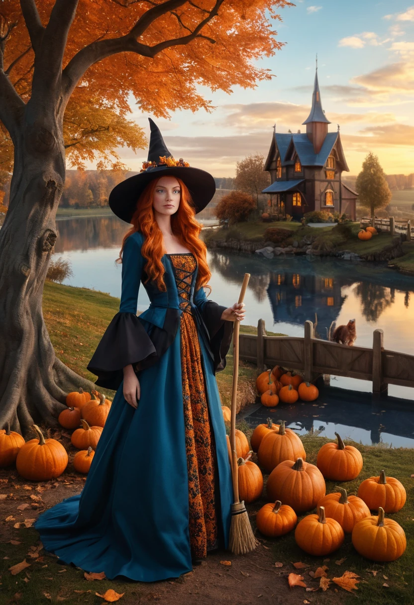 Eine rothaarige Hexe steht neben Kürbissen in einer herbstlichen Landschaft