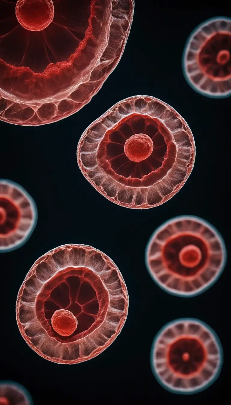 Red blood cells cluster against a deep red microscopic background