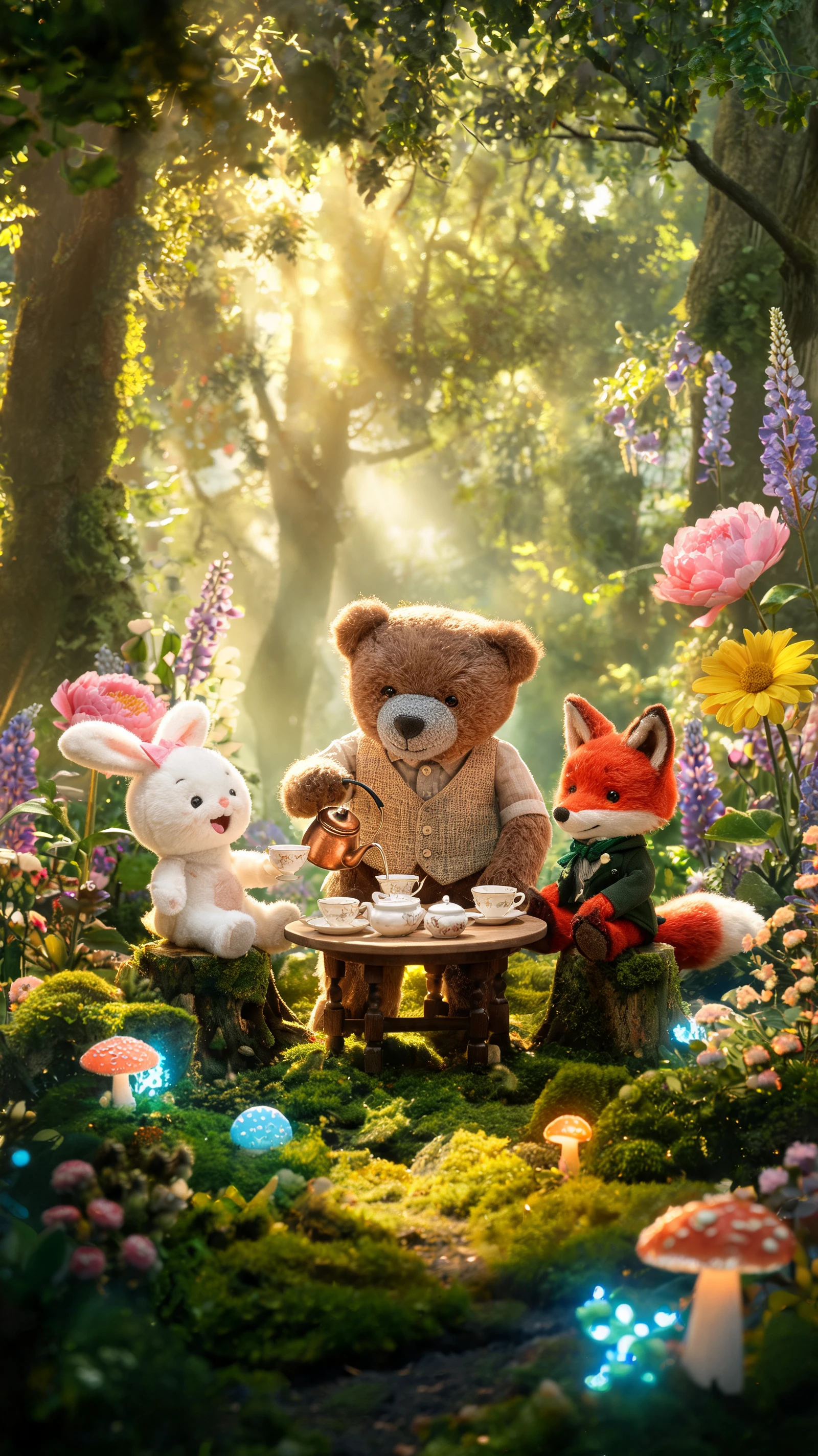 Des peluches organisent un goûter dans une forêt enchantée