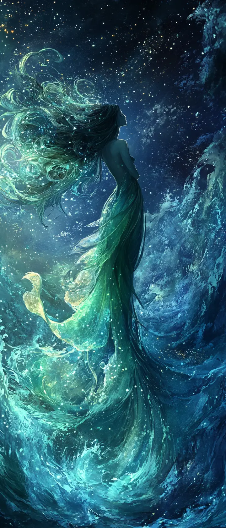 Une sirène solitaire contemple l'abîme océanique parsemé d'étoiles