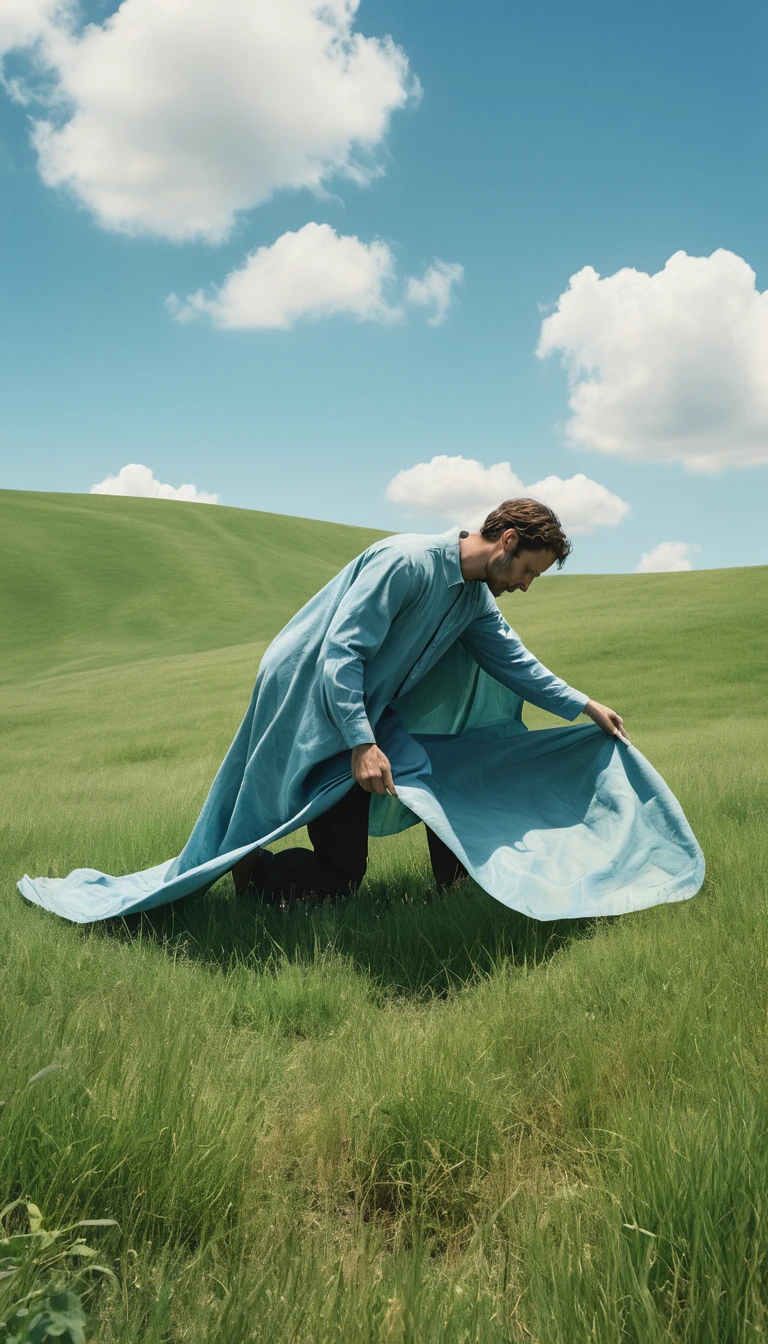 Um homem afasta o céu azul sobre um prado verde