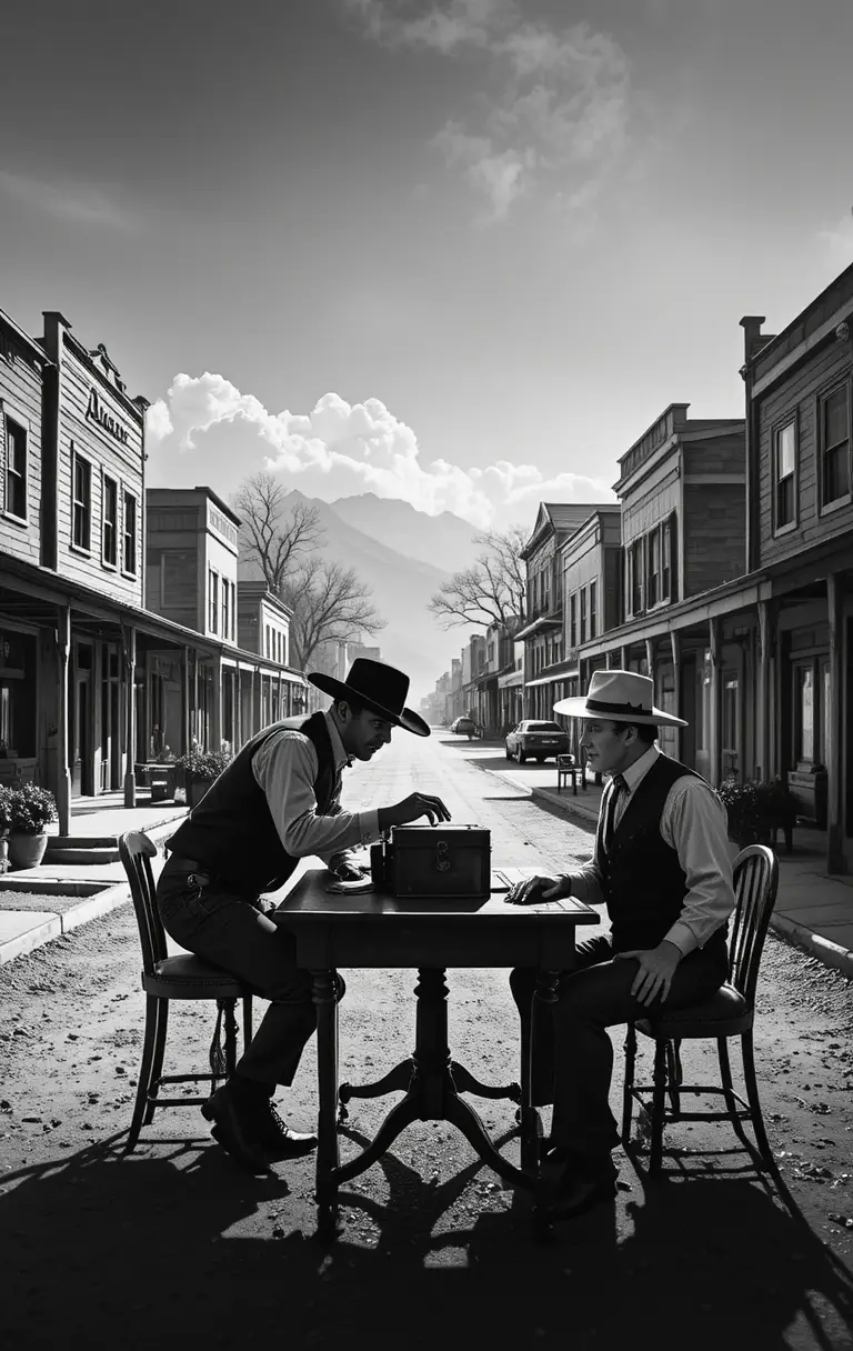 A tense western office encounter with two men around a table