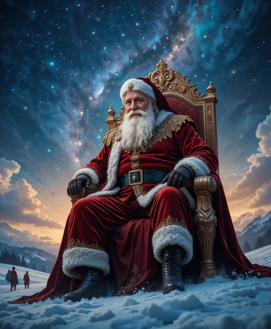 Le Père Noël assis sur un trône sous un ciel étoilé