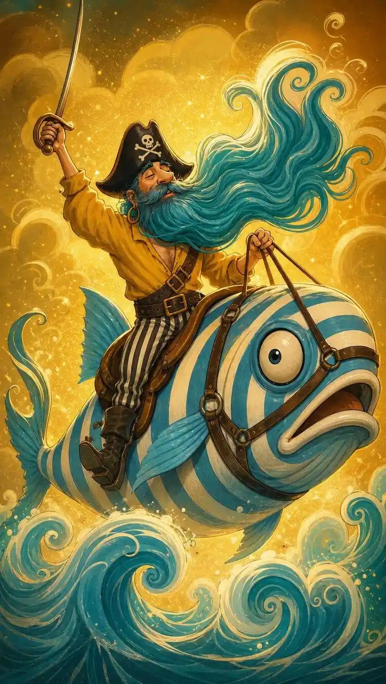 Un capitán pirata cabalga sobre un pez gigante a rayas entre olas estilizadas