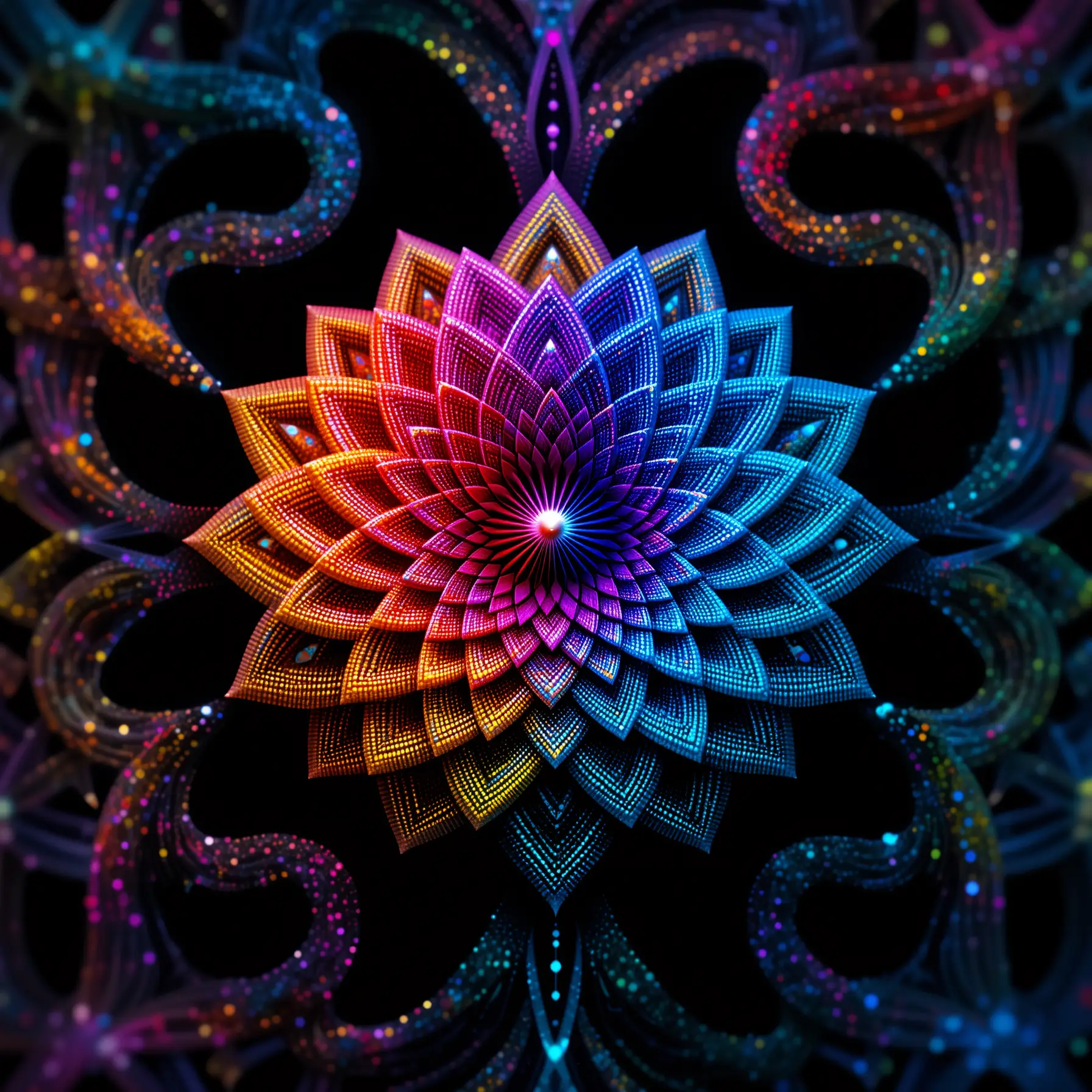 A psychedelic flower mandala formed from vivid dots against black