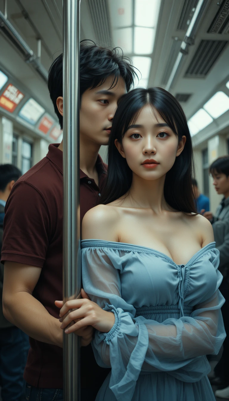 A Woman Holds A Subway Pole In A Crowded Subway Car
