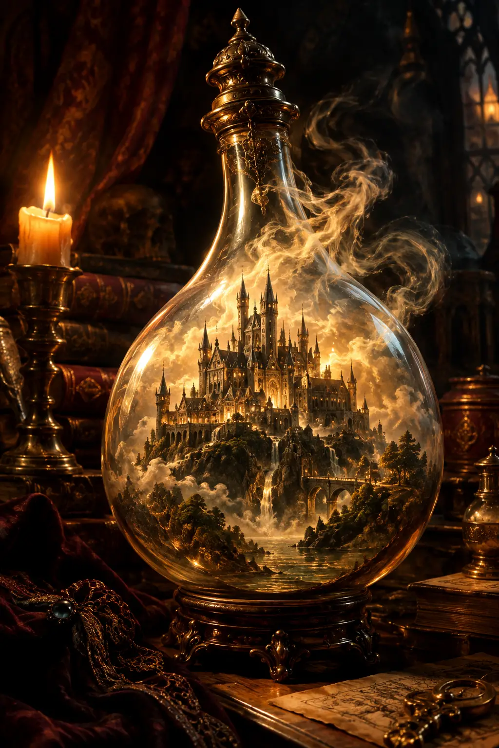 A miniature fairy tale castle rests inside a giant glass flask