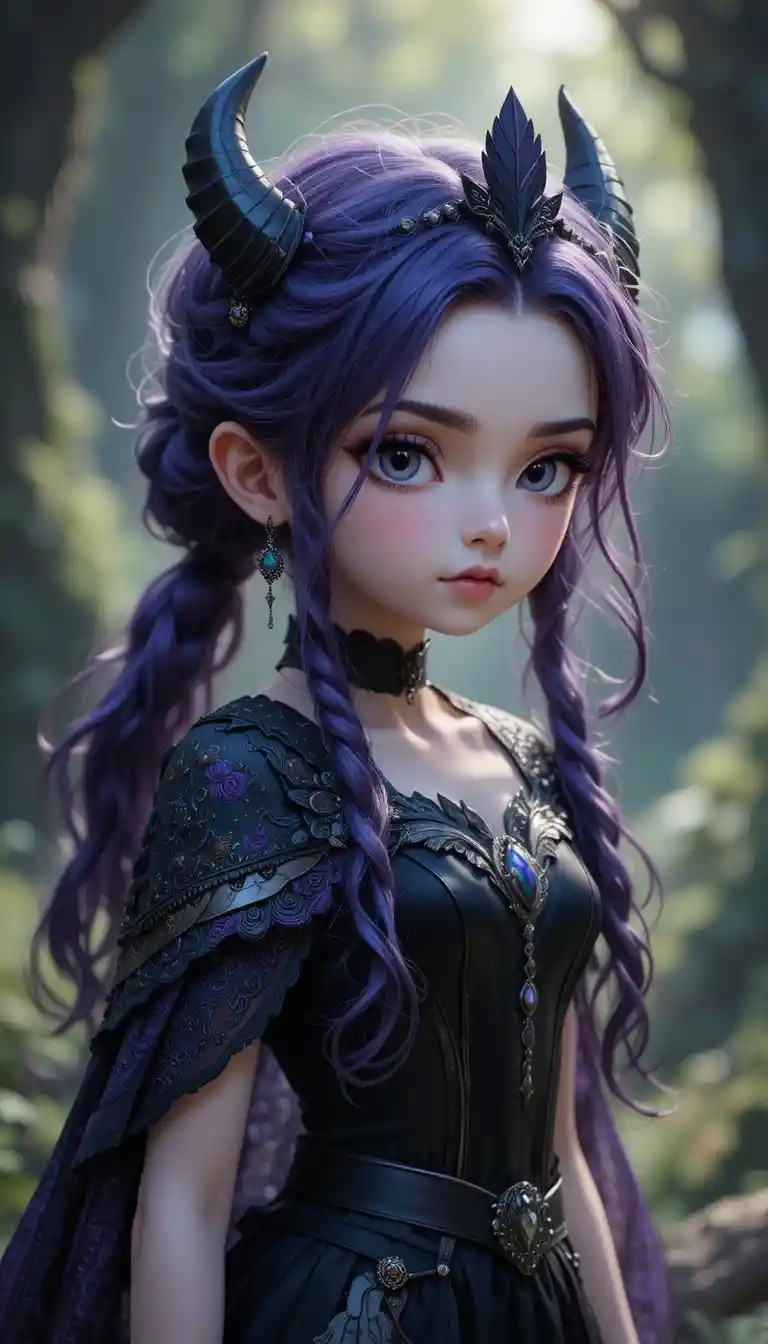 A Fantasy Girl With Violet Hair, Dark Fairy Wings, and Demon Horns