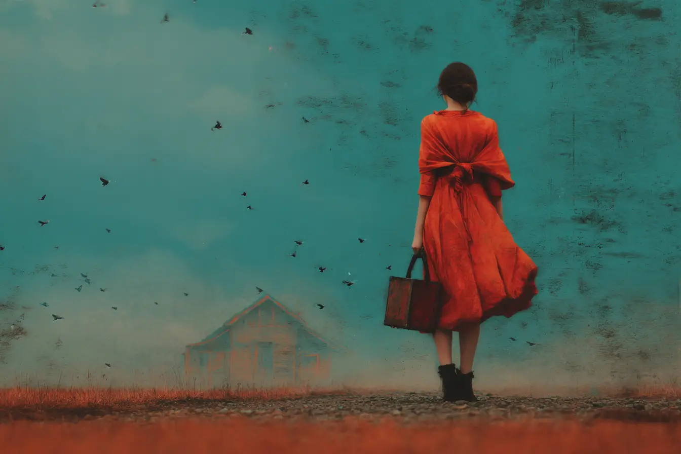 A surreal collage dissolves into darkness amid vivid red and orange hues