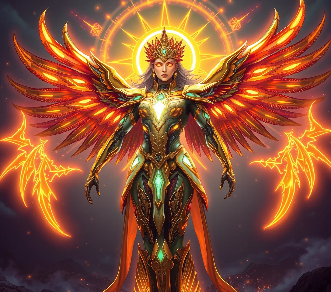 A cybernetic sun goddess rises with radiant wings and golden armor