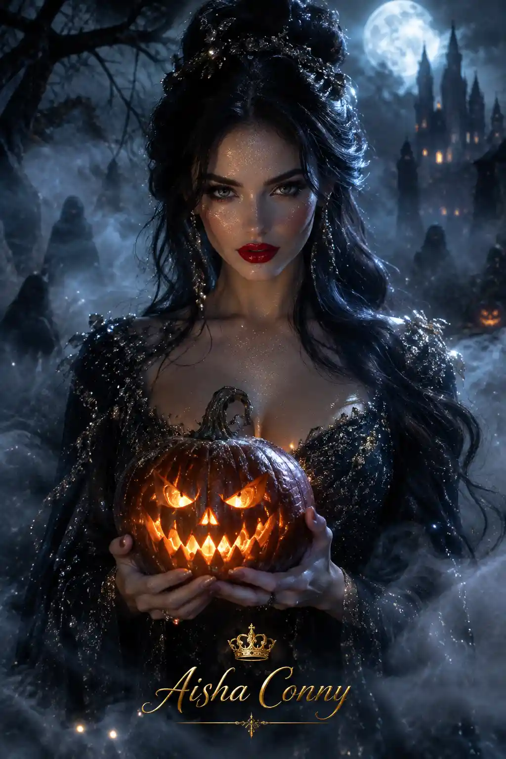 A Mysterious Queen Emerges From Mist With A Glowing Pumpkin