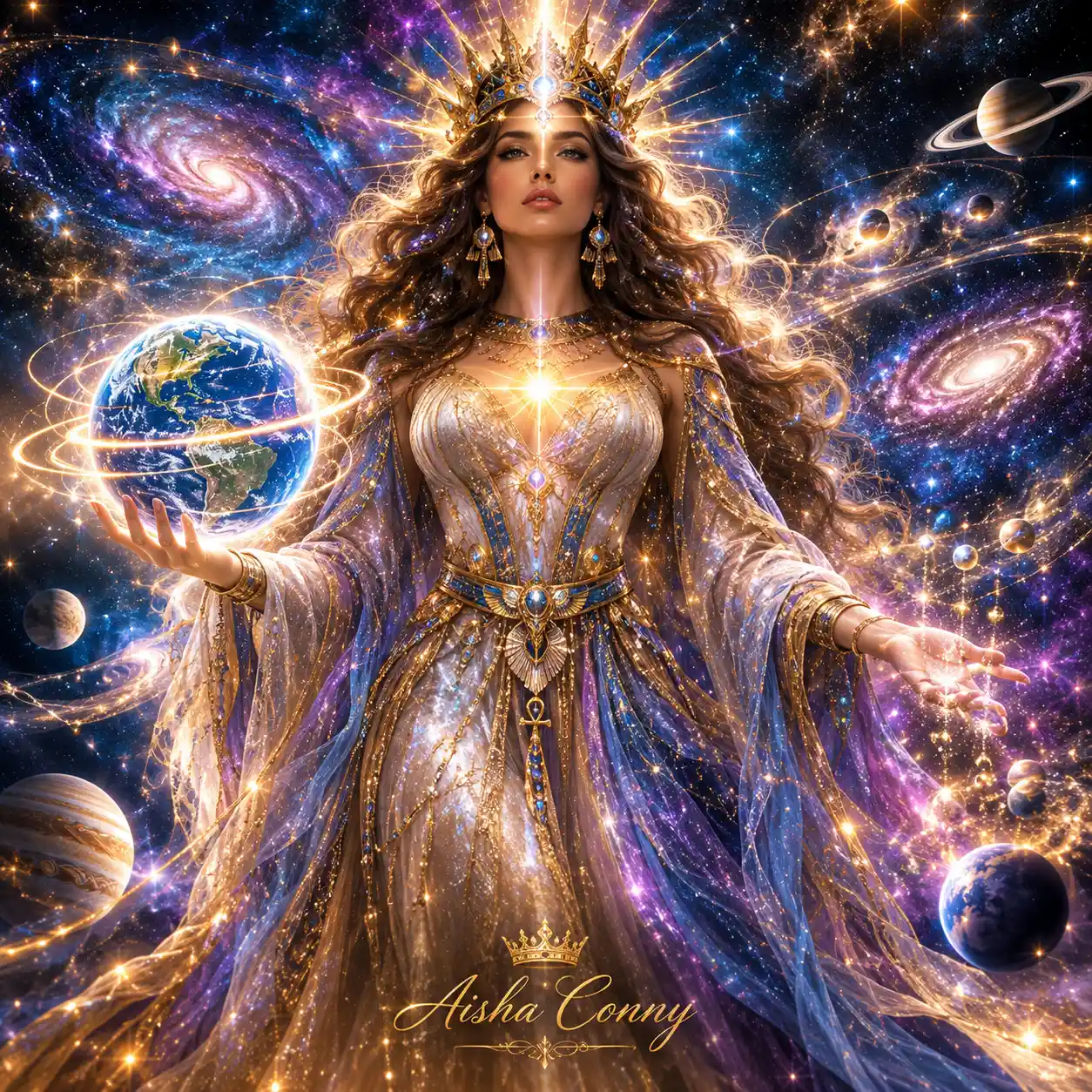 A cosmic goddess stands amid the vastness of the universe
