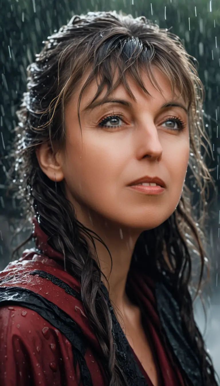 A warrior woman turns through heavy rain in an embroidered red robe