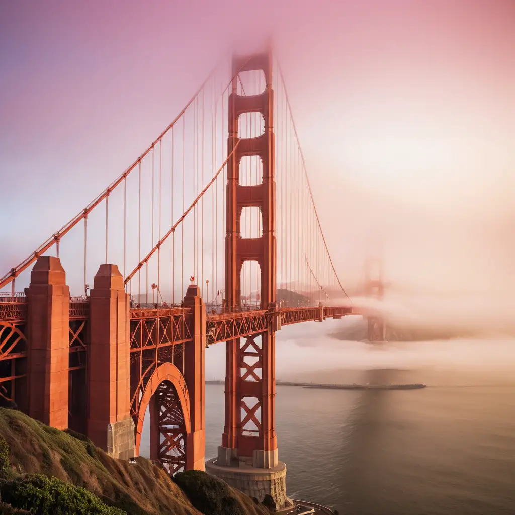 The golden gate bridge emerges through fog beneath a warm sunrise