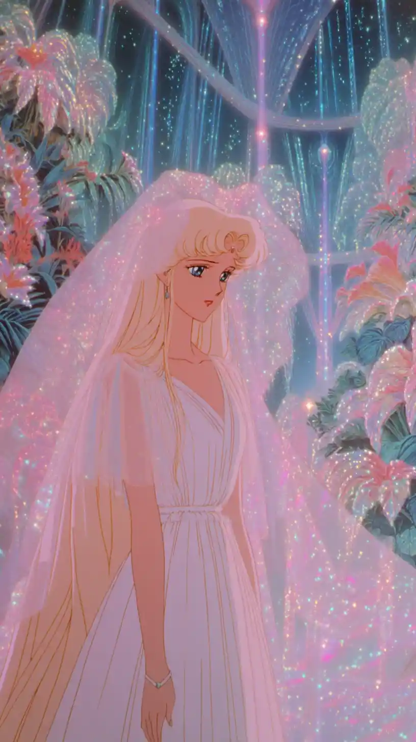An anime woman in a flowing white gown amid a luminous fantasy landscape