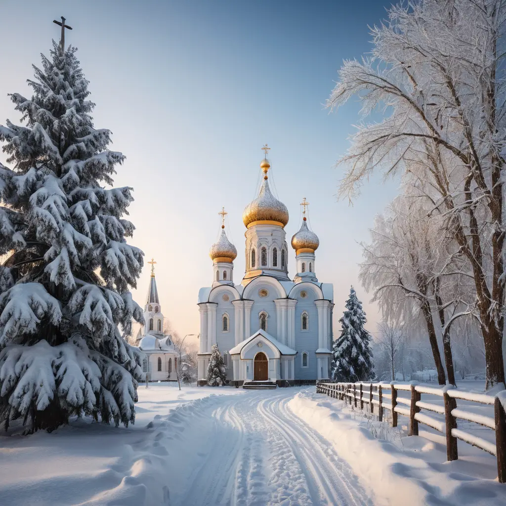 A snowy Russian village church glows beneath a pale winter sky