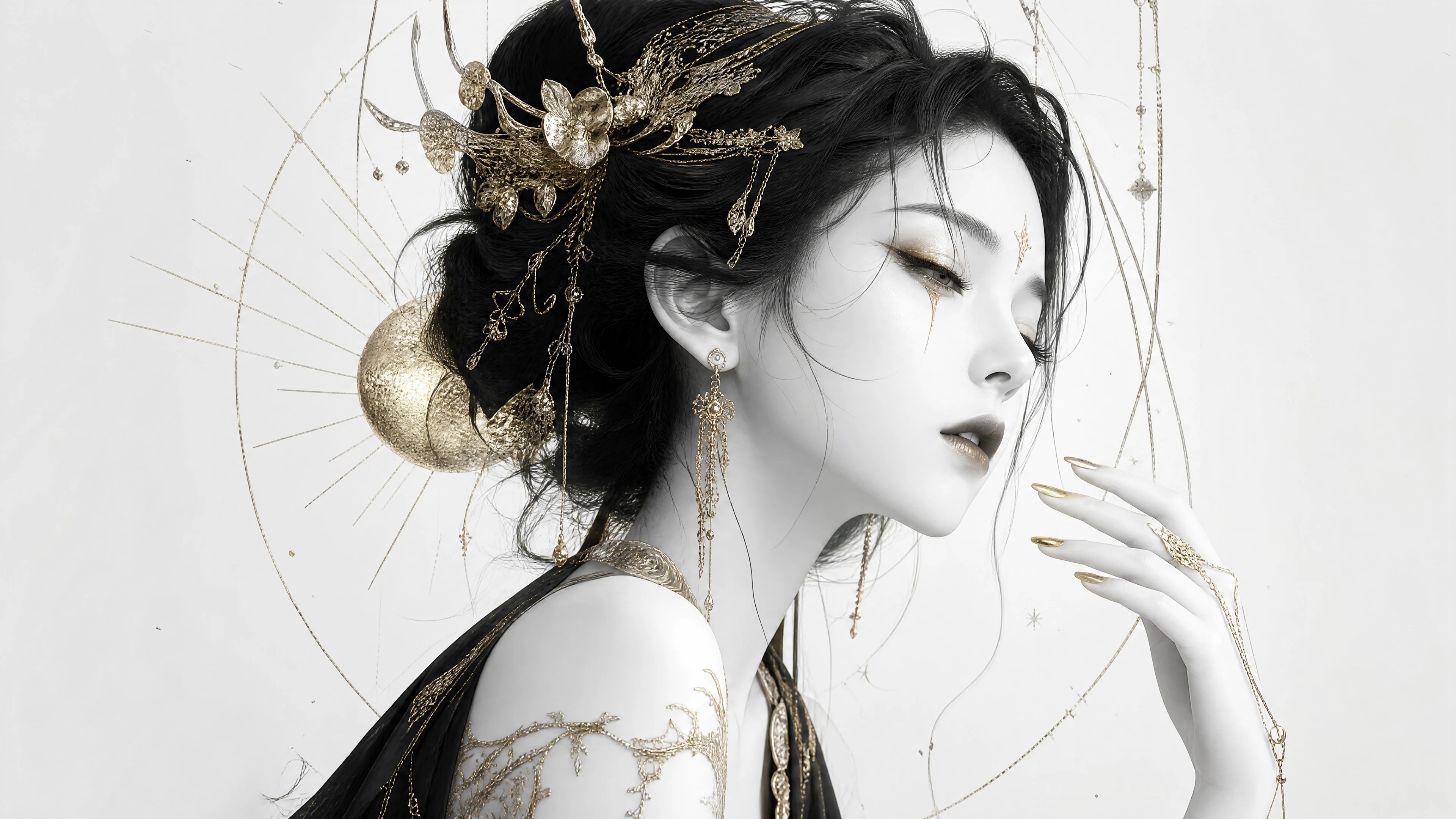 A pale-skinned woman in monochrome with subtle gold details
