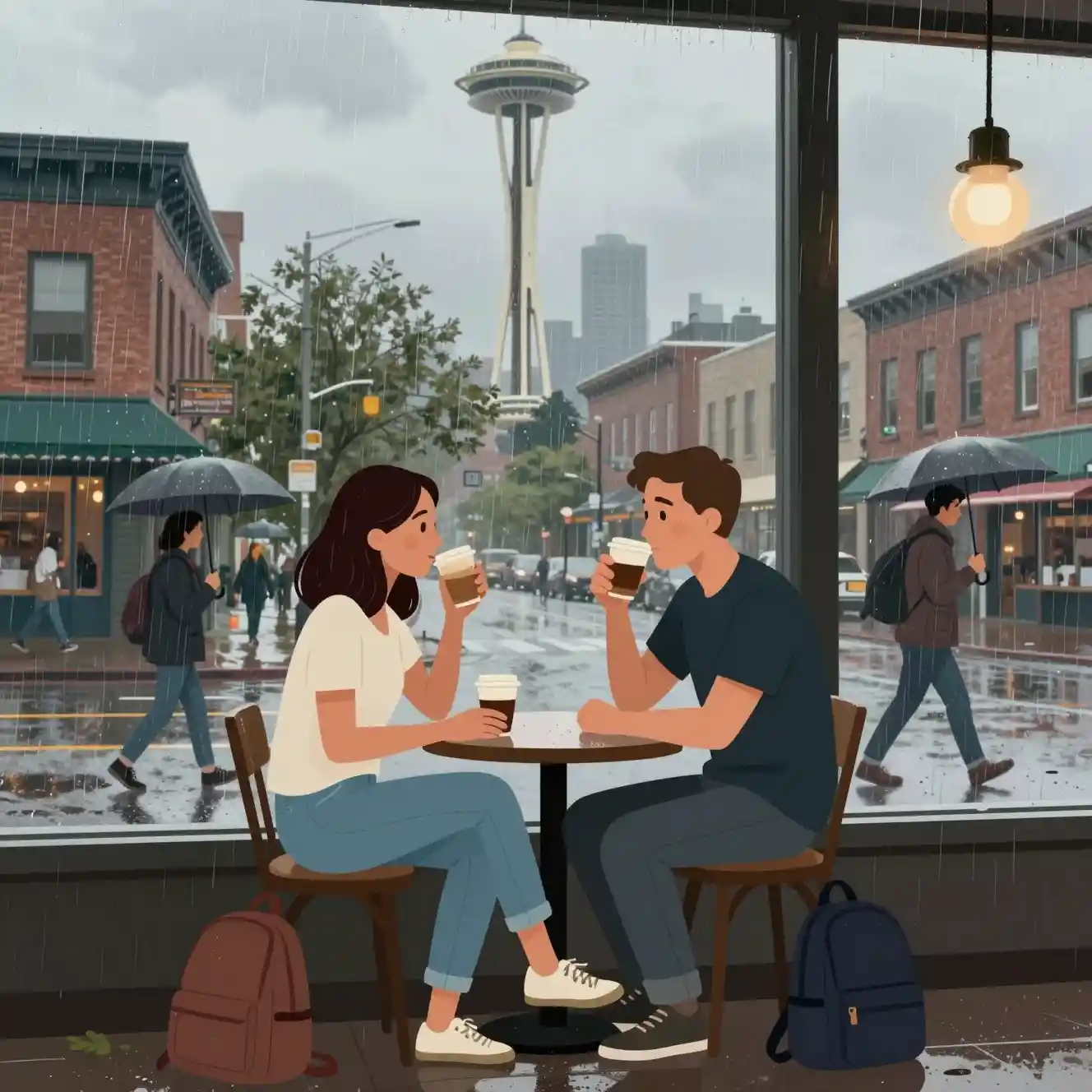 Ein karikaturhaft dargestelltes Paar trinkt bei starkem Regen Kaffee in einem Café in Seattle