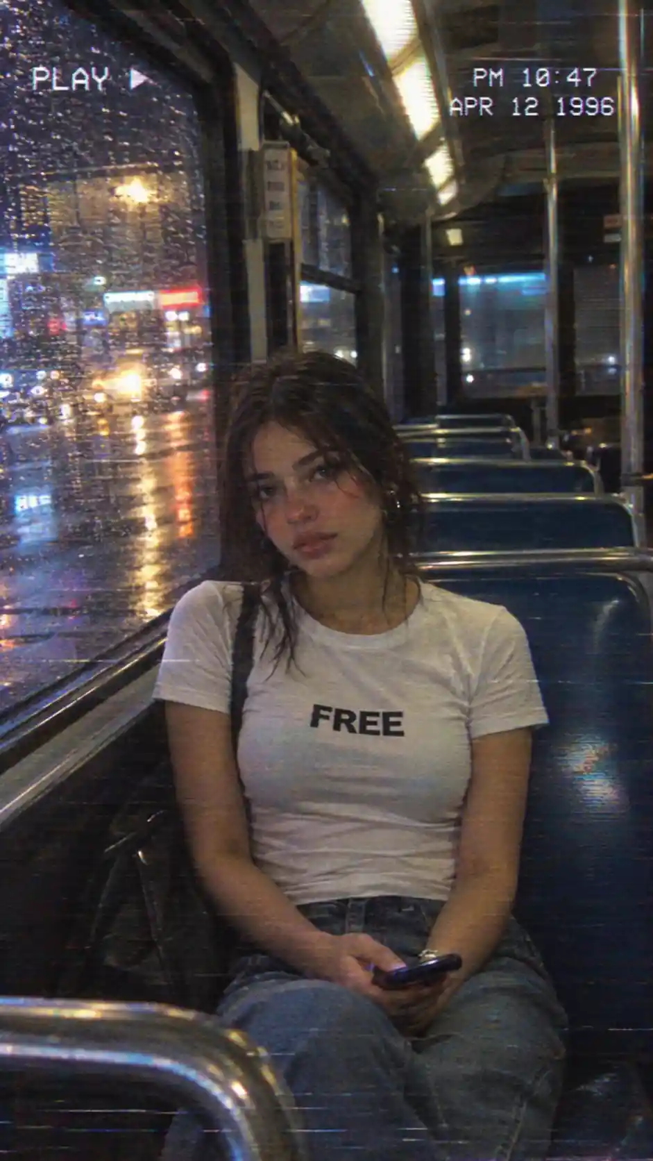 A young woman sits alone on a city bus at night