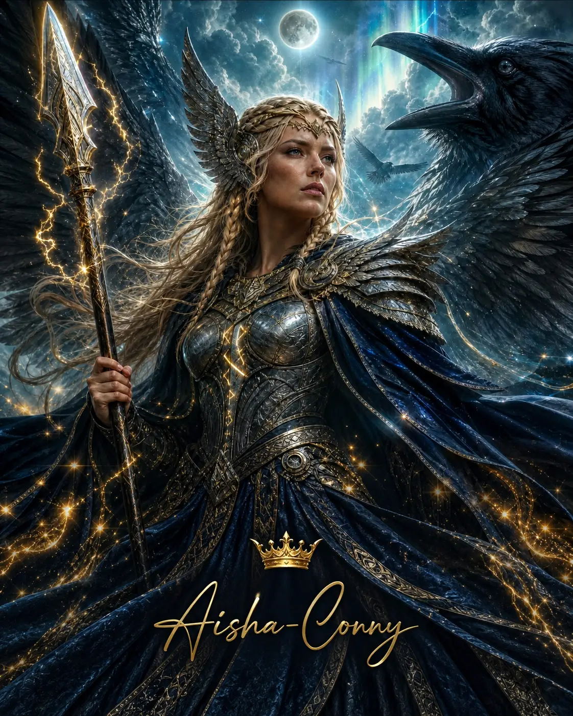 A winged woman in a dress and armor beneath the moonlit aurora