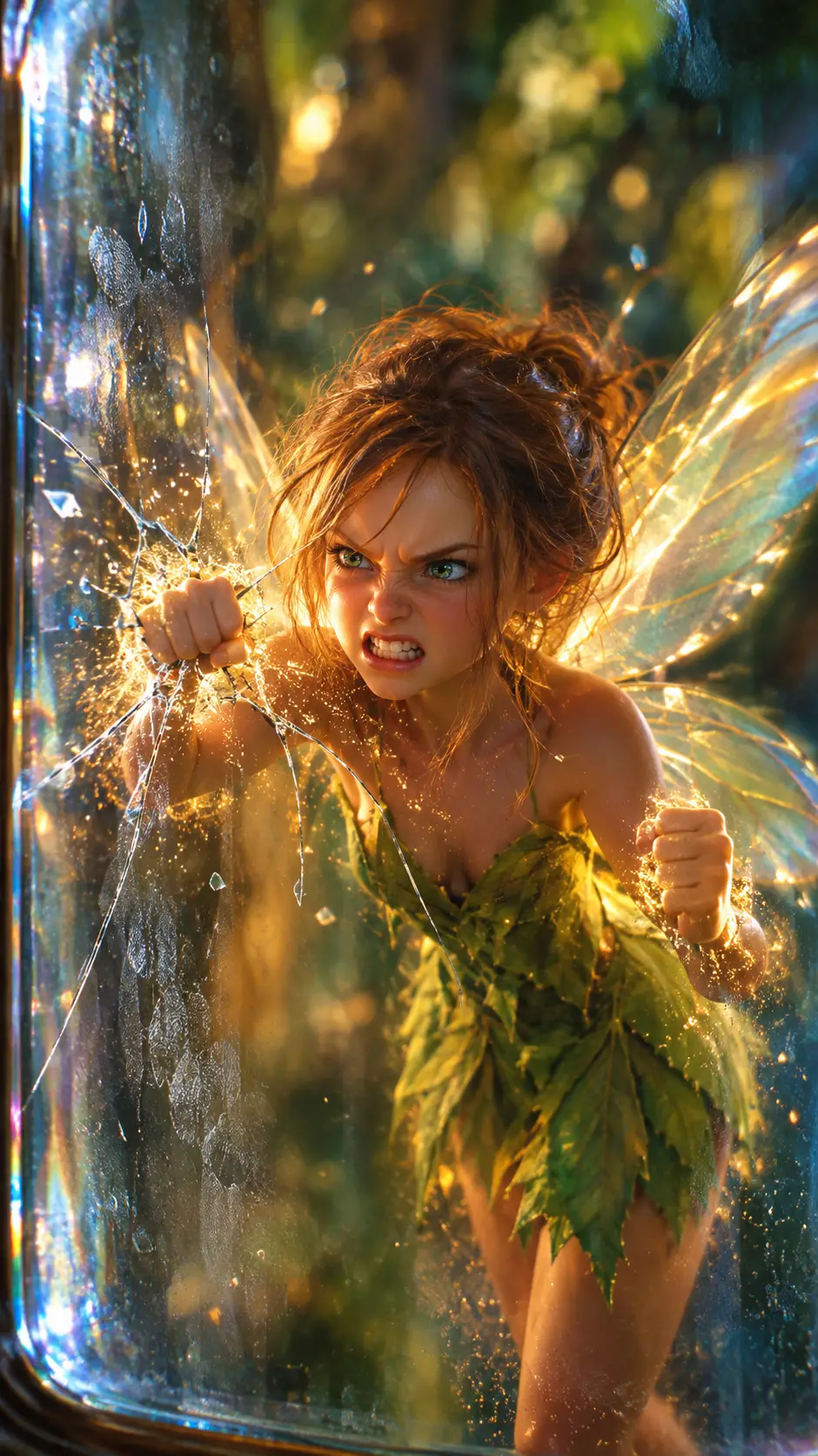 A Furious Fairy Pounds Against Cracked Glass in Golden Light