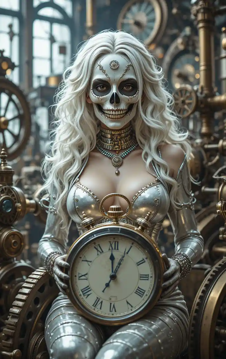 A skull-headed steampunk woman holds a clock among factory gears