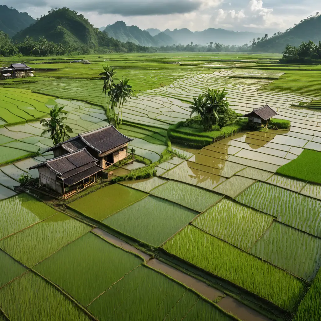Green Rice Paddies Stretch Across a Rainy Rural Valley