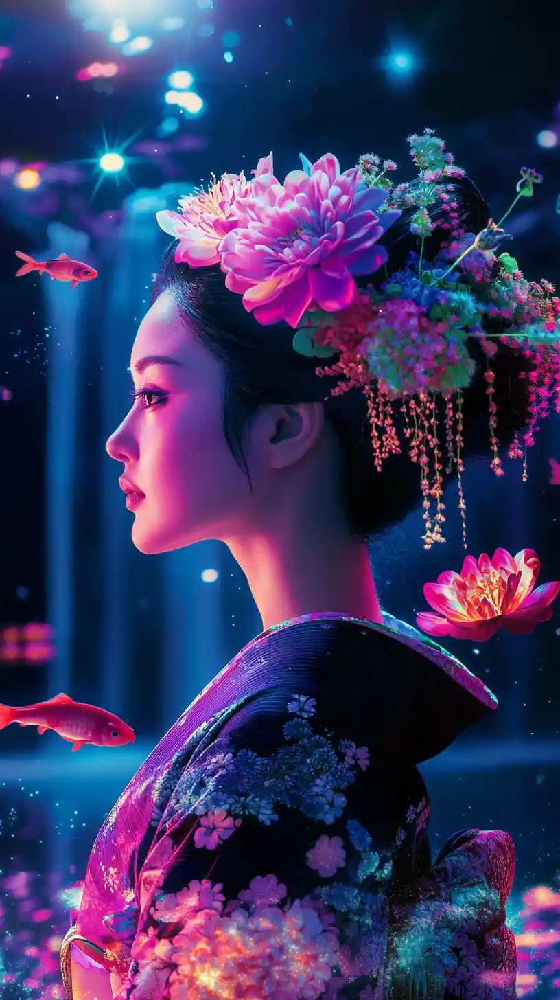 A Japanese woman in profile wearing a glowing neon floral kimono