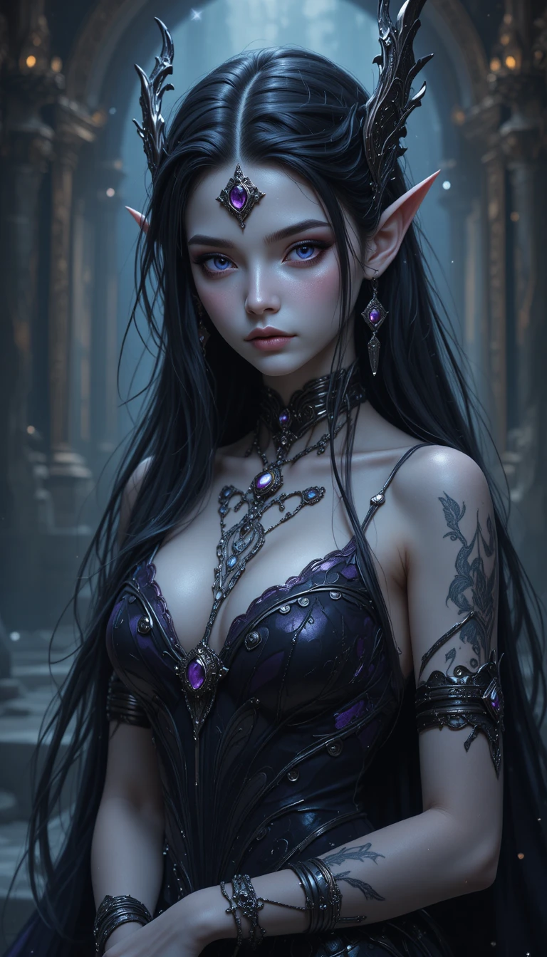Donna elfa oscura in stile anime con lunghi capelli avvolti da bende e gioielli regali
