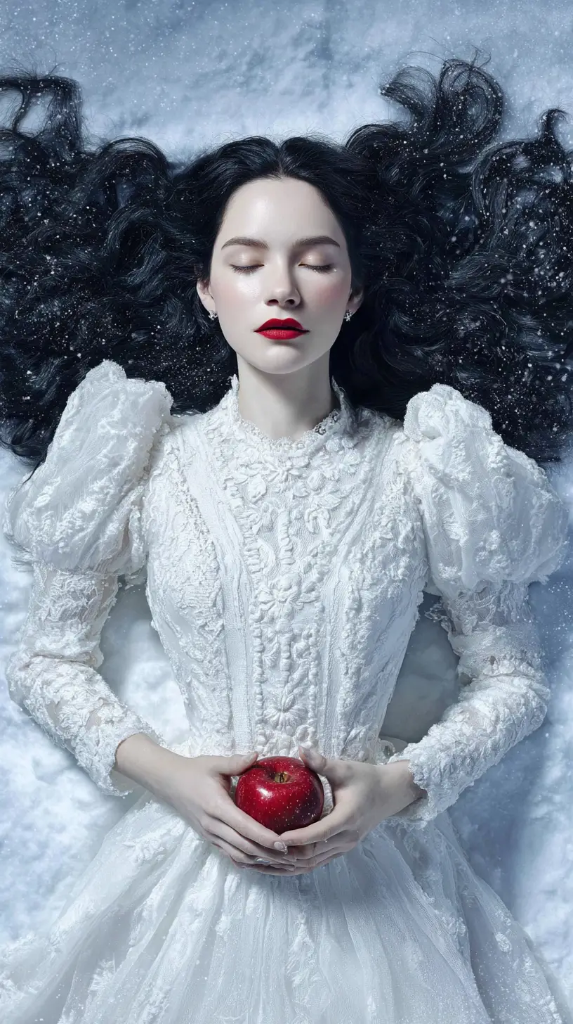 A woman lies still on white snow holding a vivid red apple
