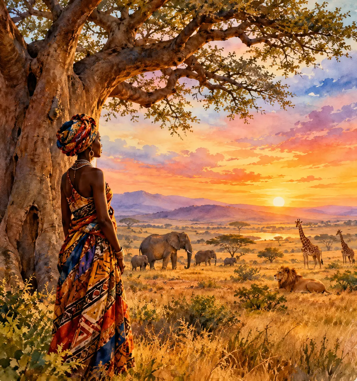 African woman beneath a baobab tree in traditional attire