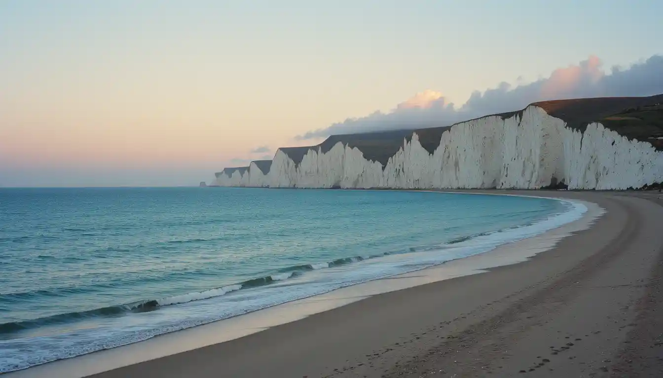 Türkisfarbene Wellen treffen auf hellen Sand unter weißen Kreidefelsen im Licht des Sonnenaufgangs