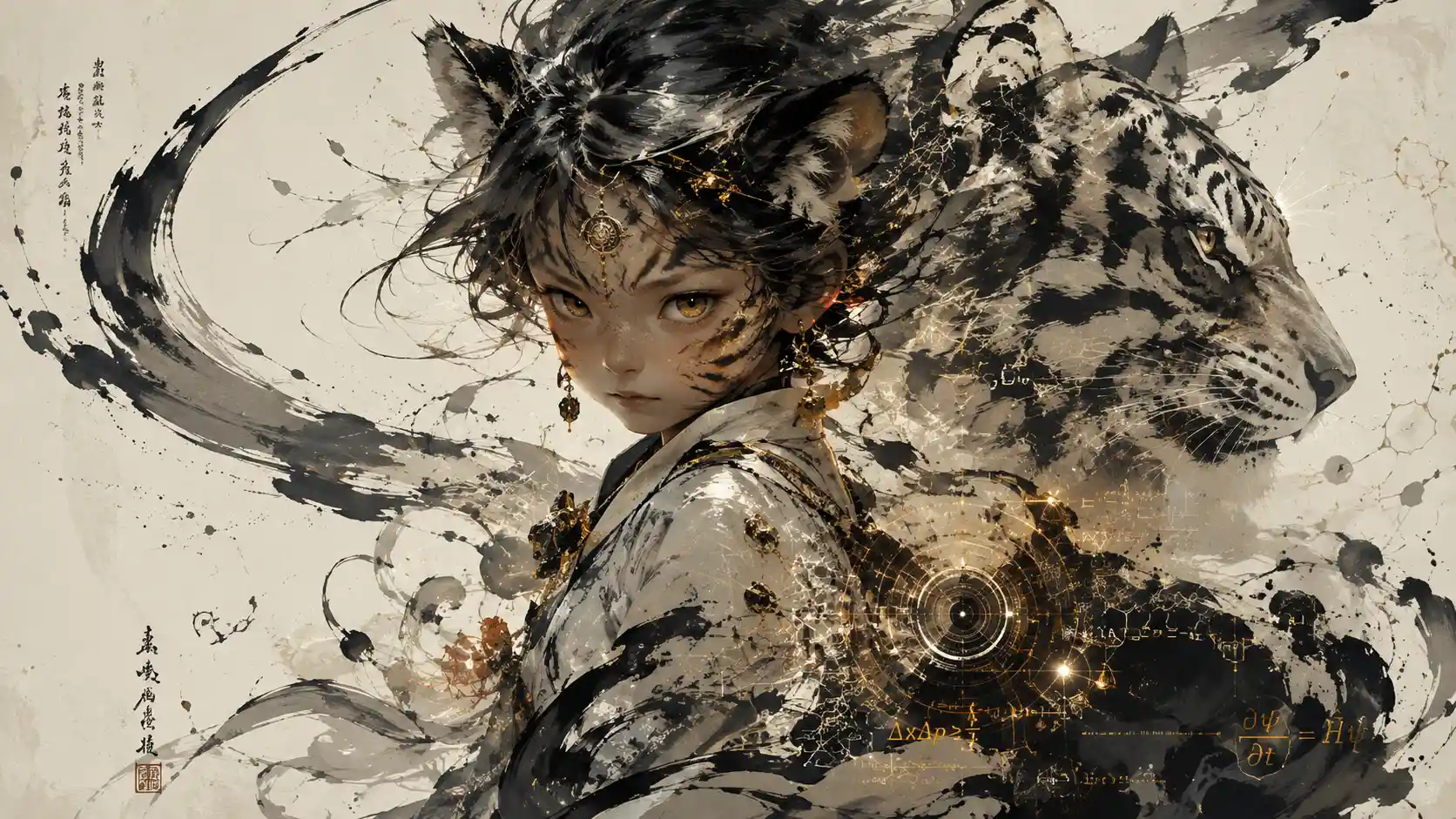 Un bambino felino futuristico si dissolve in espressivi tratti d'inchiostro