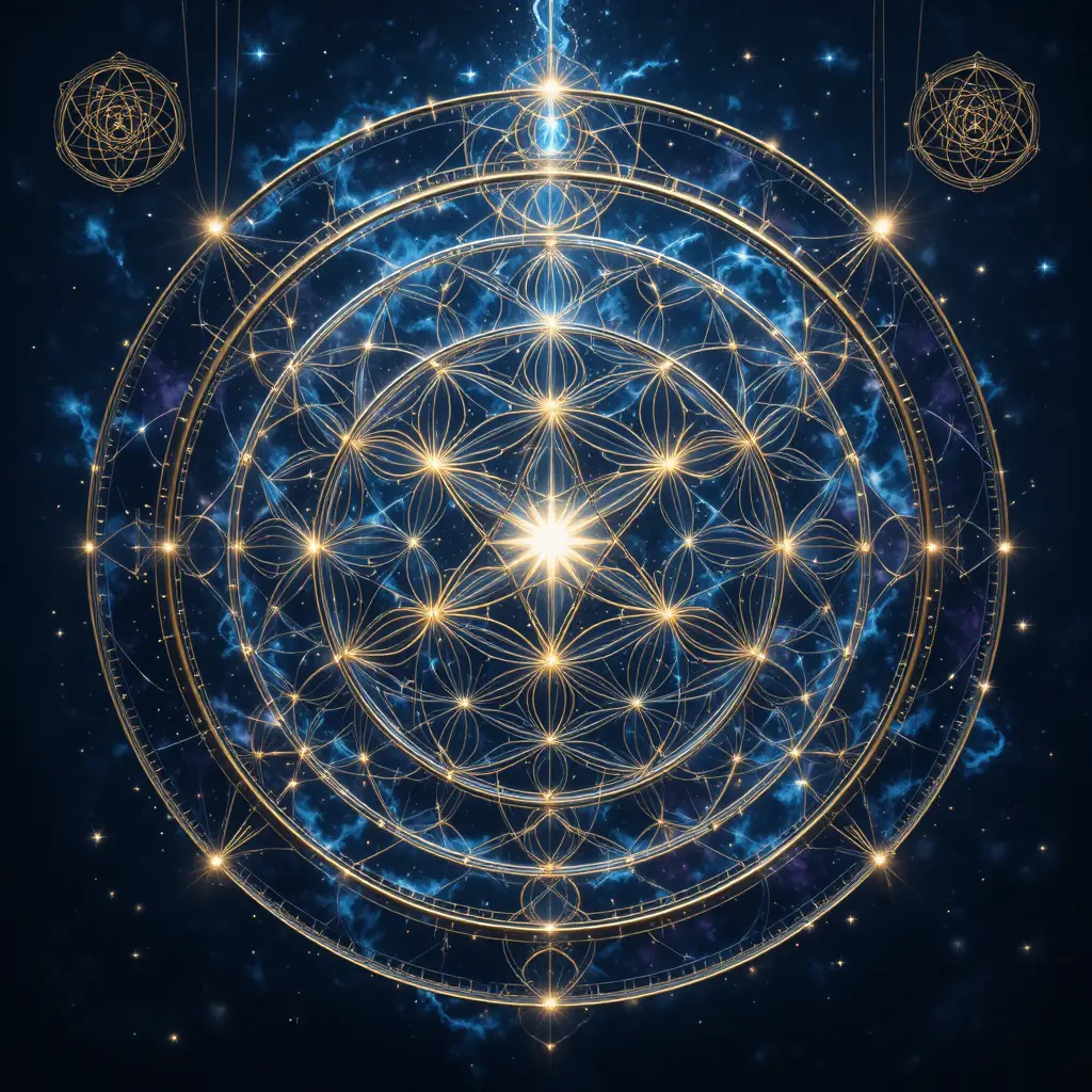 Sacred geometry glows within a luminous midnight starfield