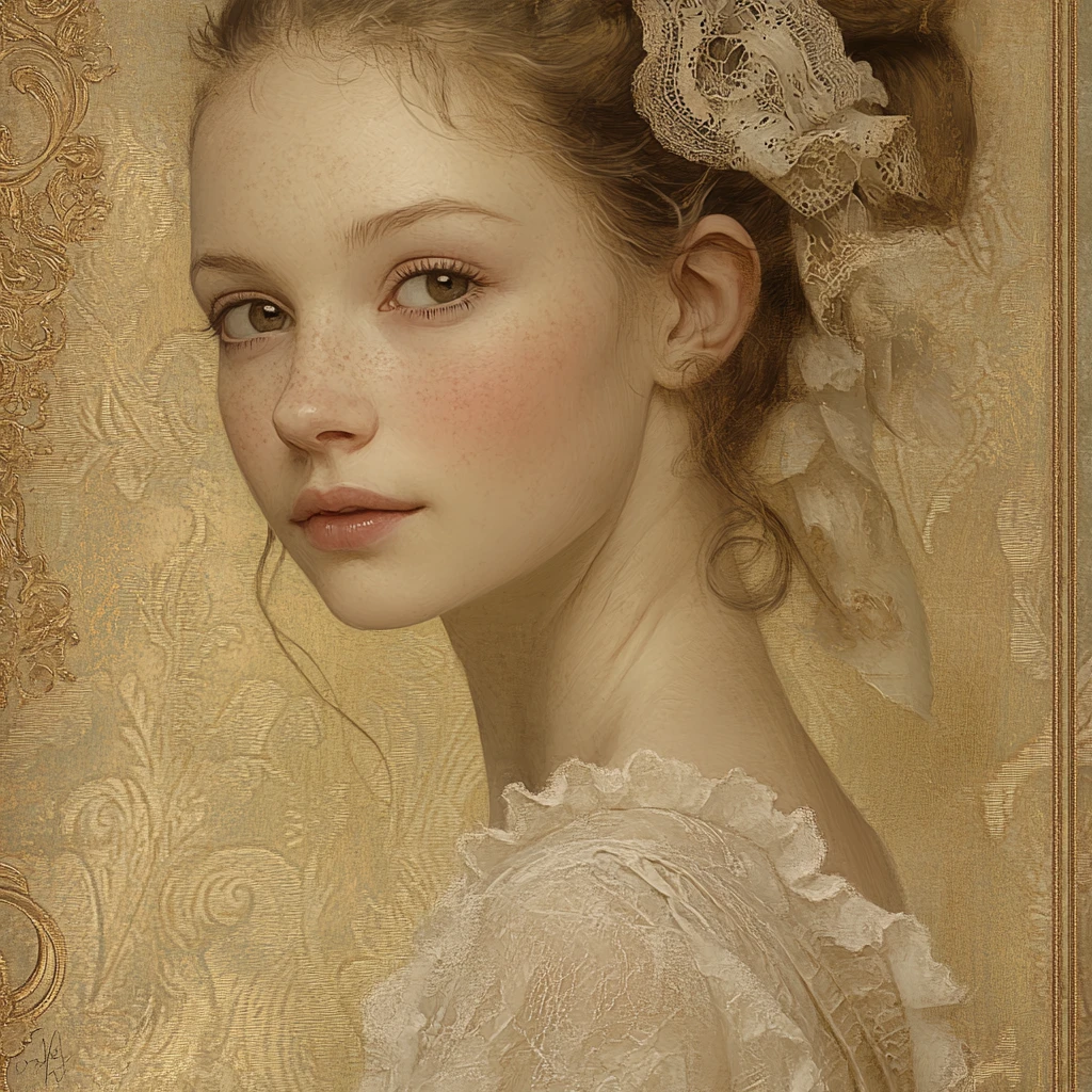 An 18th-century-inspired woman bathed in a soft golden glow