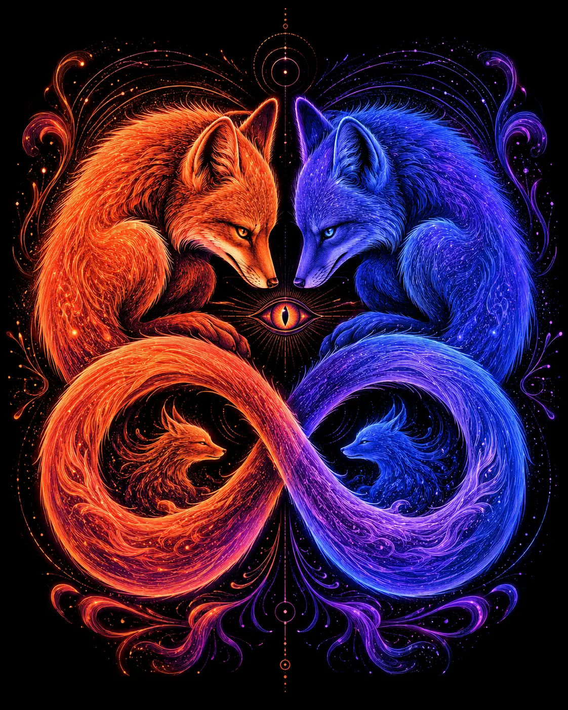 Mirrored foxes form a glowing infinity symbol against black