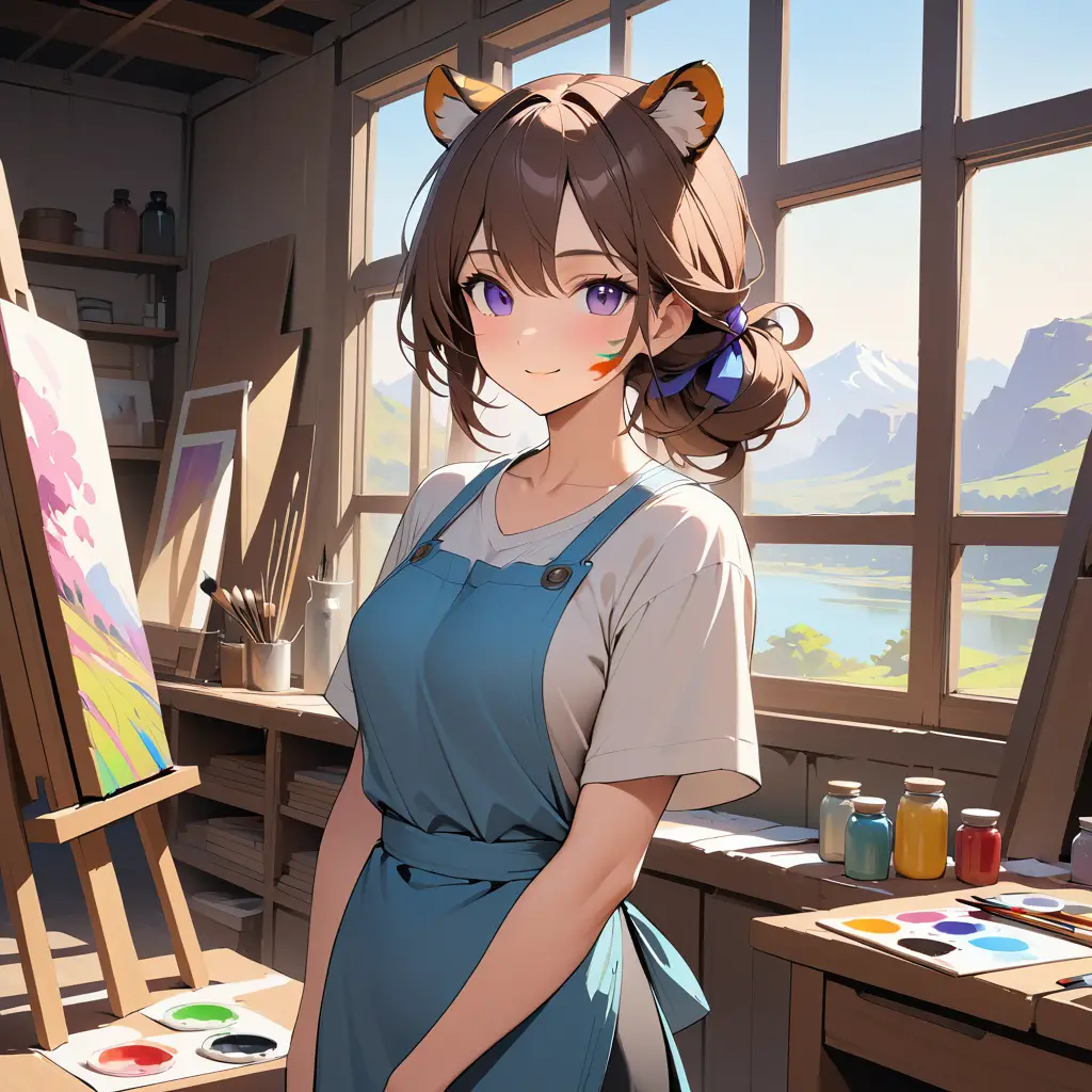 A tiger woman artist smiles in her sunlit art studio