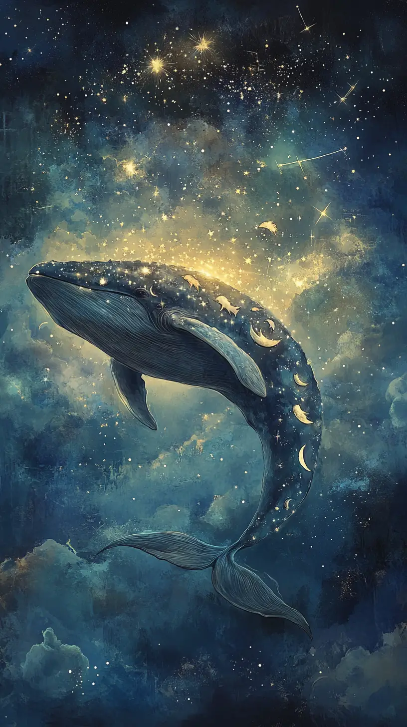 A celestial whale drifts through a quiet twilight sky