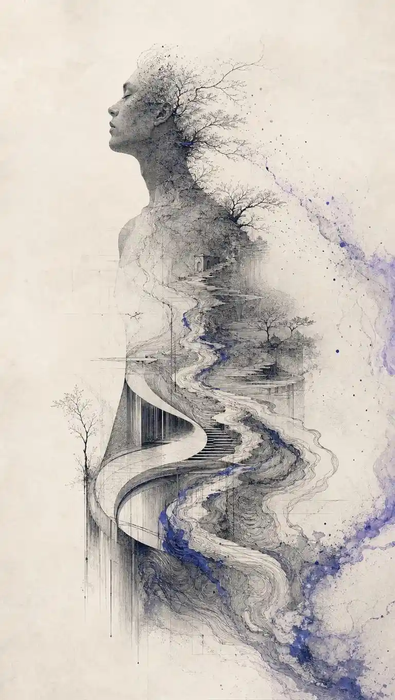 A human silhouette dissolves into an interconnected abstract landscape