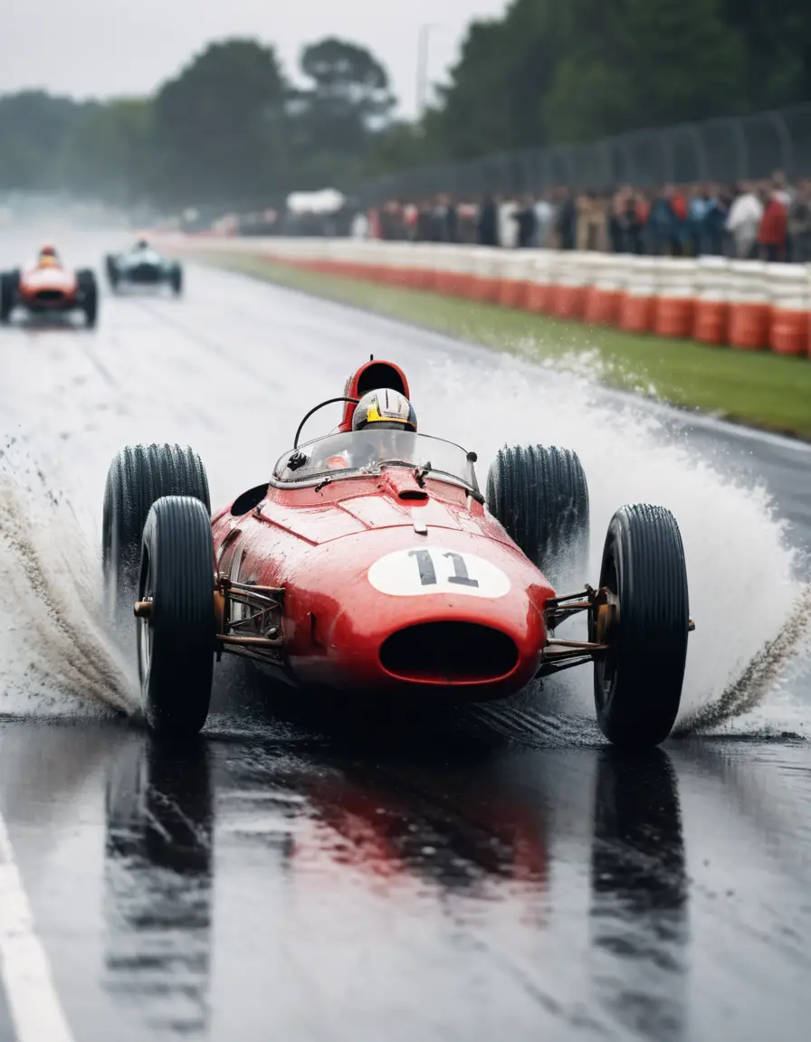 Una monoposto di Formula 1 degli anni '50 sfreccia su un circuito bagnato dalla pioggia