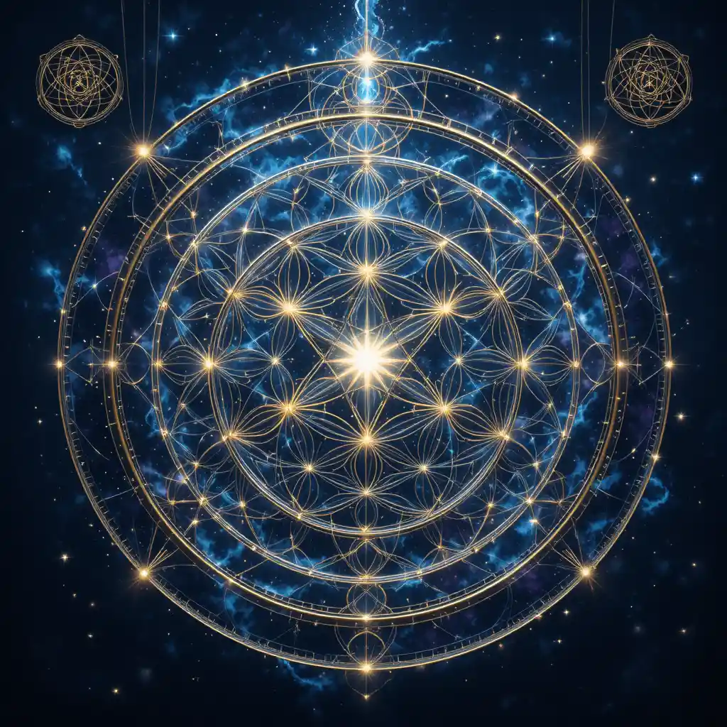 Sacred geometry glows within a luminous midnight starfield
