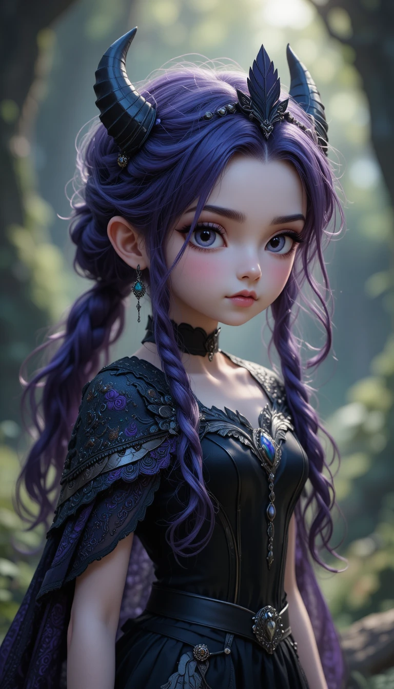 Ragazza fantasy con capelli viola, ali da fata oscure e corna demoniache