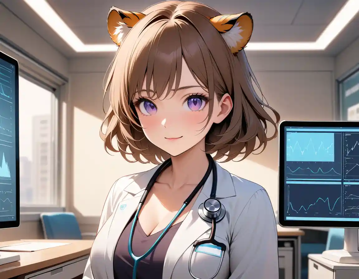 Eine Tiger-Hybridärztin lächelt in einer modernen Krankenhauspraxis