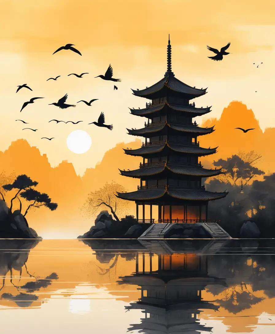 A pagoda at sunset in a minimalist Chinese ink painting