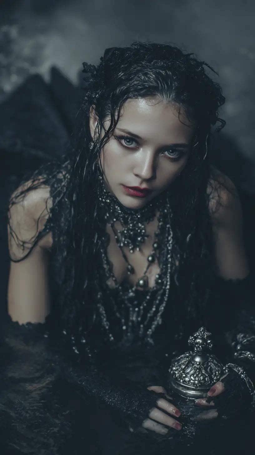 A gothic queen lies beneath cold mist in a shallow pool